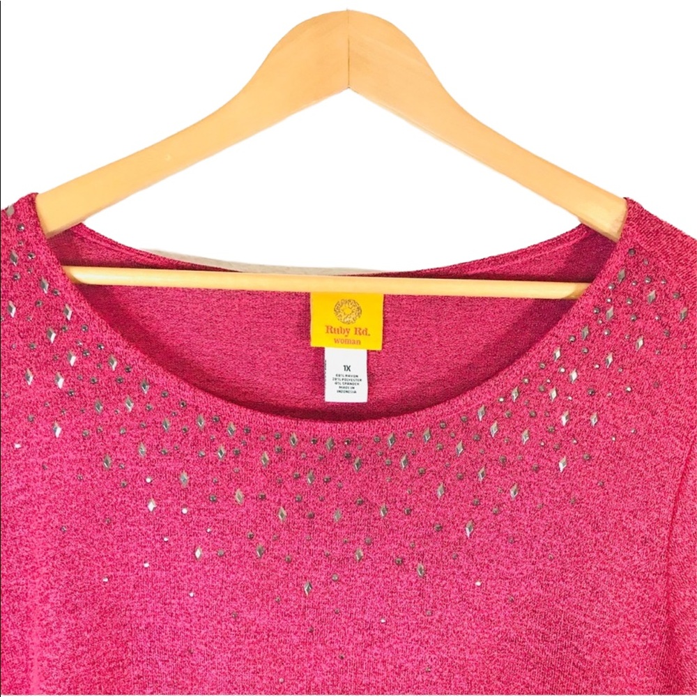 Ruby Rd Plus Size 1X Pink Embellished Handkerchief Hem Top Bling Tunic - Picture 6 of 8